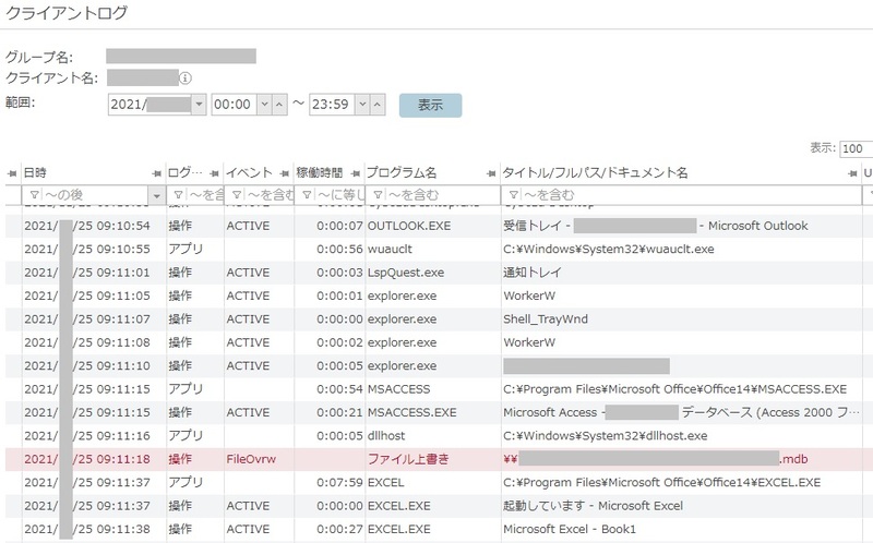 資産管理ソフトの操作ログ実例