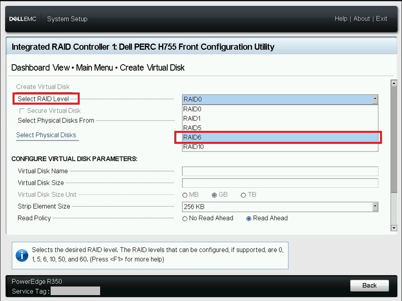 「Create Virtual Disk」画面でRAIDレベルを指定